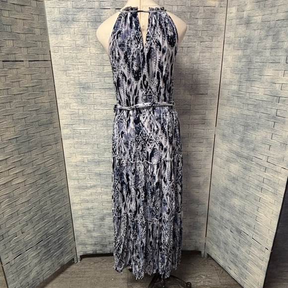 Roan + Ryan Womens S Maxi Dress Blue White Animal Print Tiered Spaghetti Strap - Picture 5 of 7